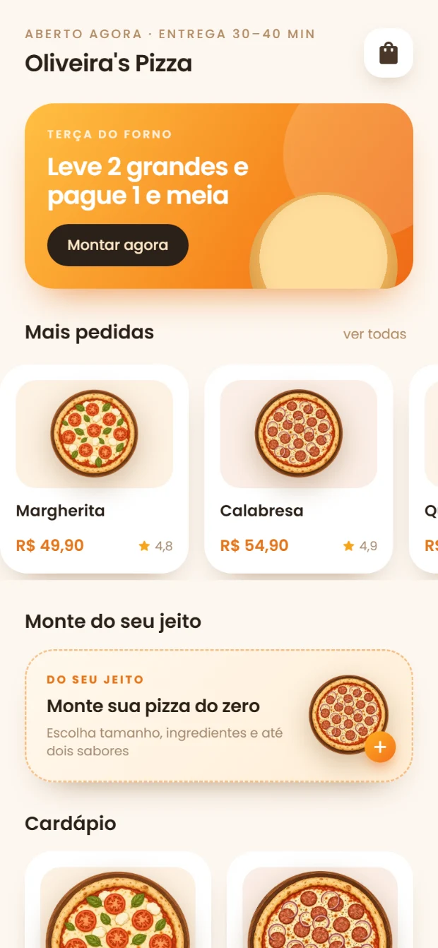 Cardápio digital da Oliveira's Pizza aberto no celular