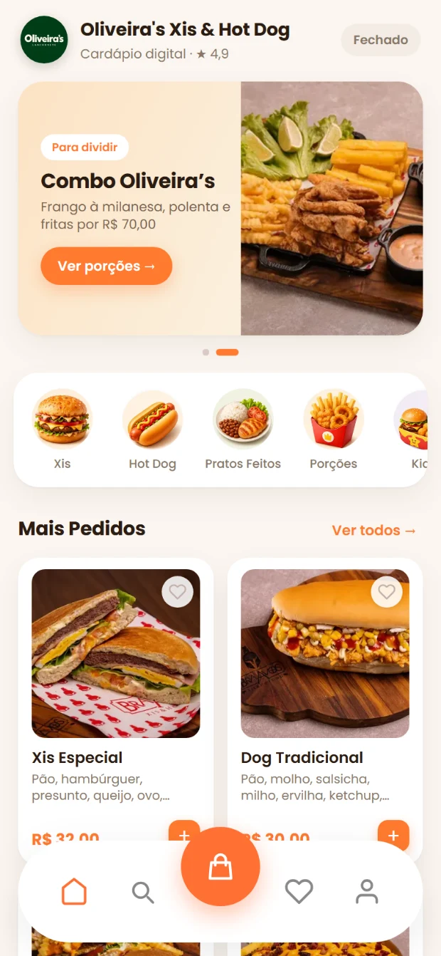 Cardápio digital da Oliveira's Xis e Hot Dog aberto no celular