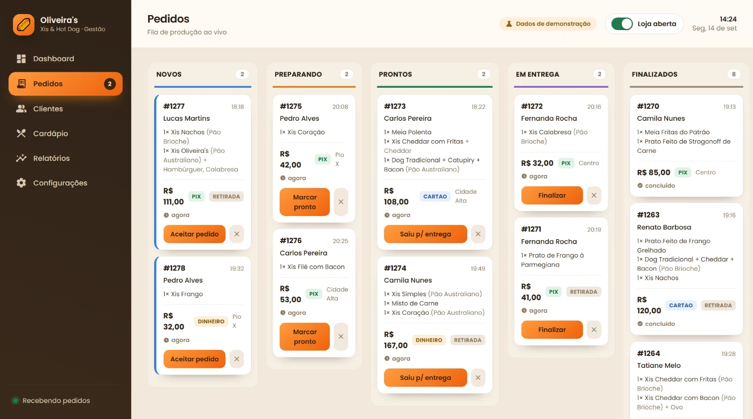 Painel de gestão mostrando a fila de pedidos em colunas: novos, preparando, prontos, em entrega e finalizados